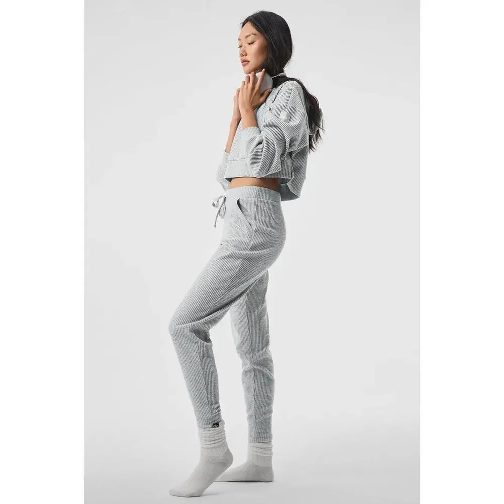 Alo Yoga Muse Hoodie Gray Cropped Ribbed Athleisure Pullover Sweatshirt Gym - Picture 3 of 15